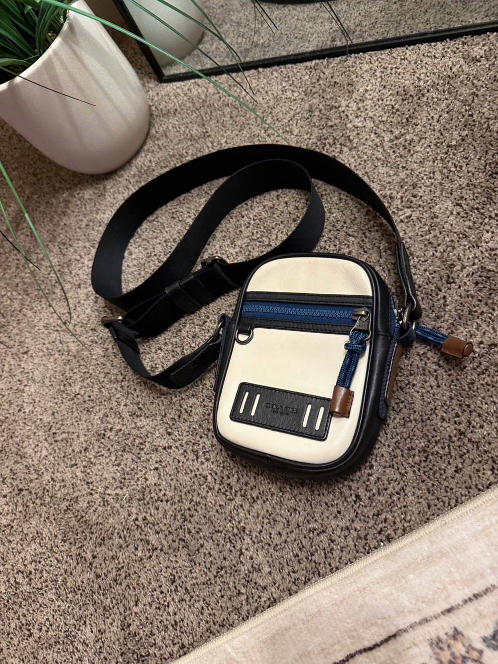 Coach Cream and Navy Leather Crossbody Belt Bag with Black Trim